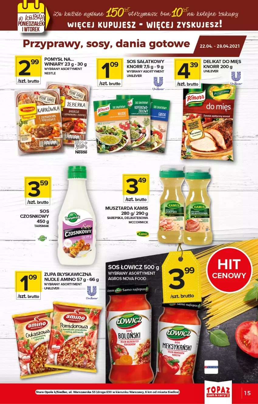 Gazetka promocyjna Topaz - Gazetka - ważna 22.04 do 28.04.2021 - strona 15 - produkty: Dania gotowe, Kamis, Knorr, Mus, Musztarda, Przyprawy, Sos, Winiary, Zupa