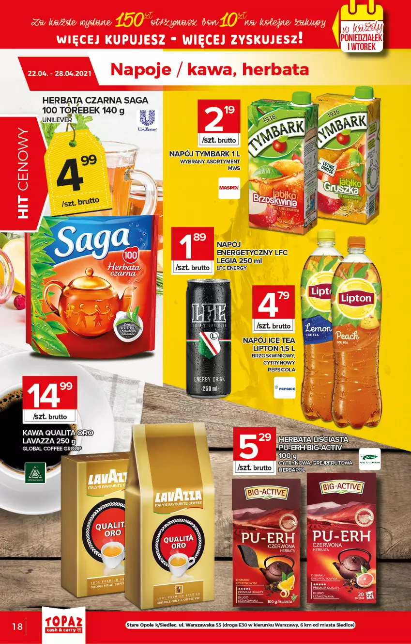 Gazetka promocyjna Topaz - Gazetka - ważna 22.04 do 28.04.2021 - strona 18 - produkty: Herbata, Herbata czarna, Ice tea, Kawa, Lavazza, Lipton, Napój, Pepsi, Saga