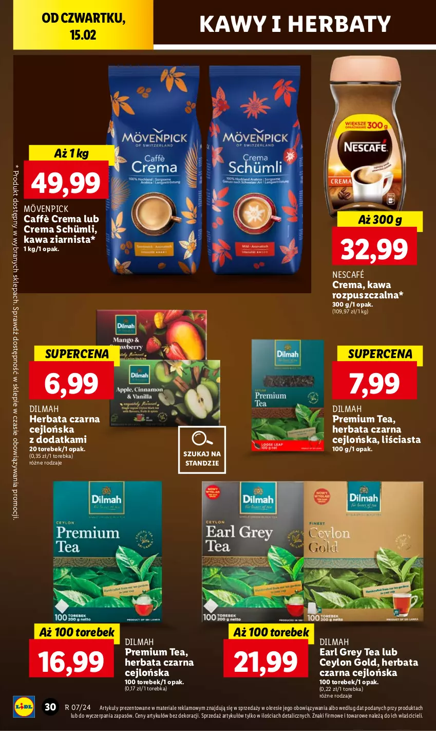 Gazetka promocyjna Lidl - GAZETKA - ważna 15.02 do 17.02.2024 - strona 34 - produkty: Dilmah, Earl Grey, Herbata, Herbata czarna, Kawa, Kawa rozpuszczalna, Kawa ziarnista, Nescafé, Torebka