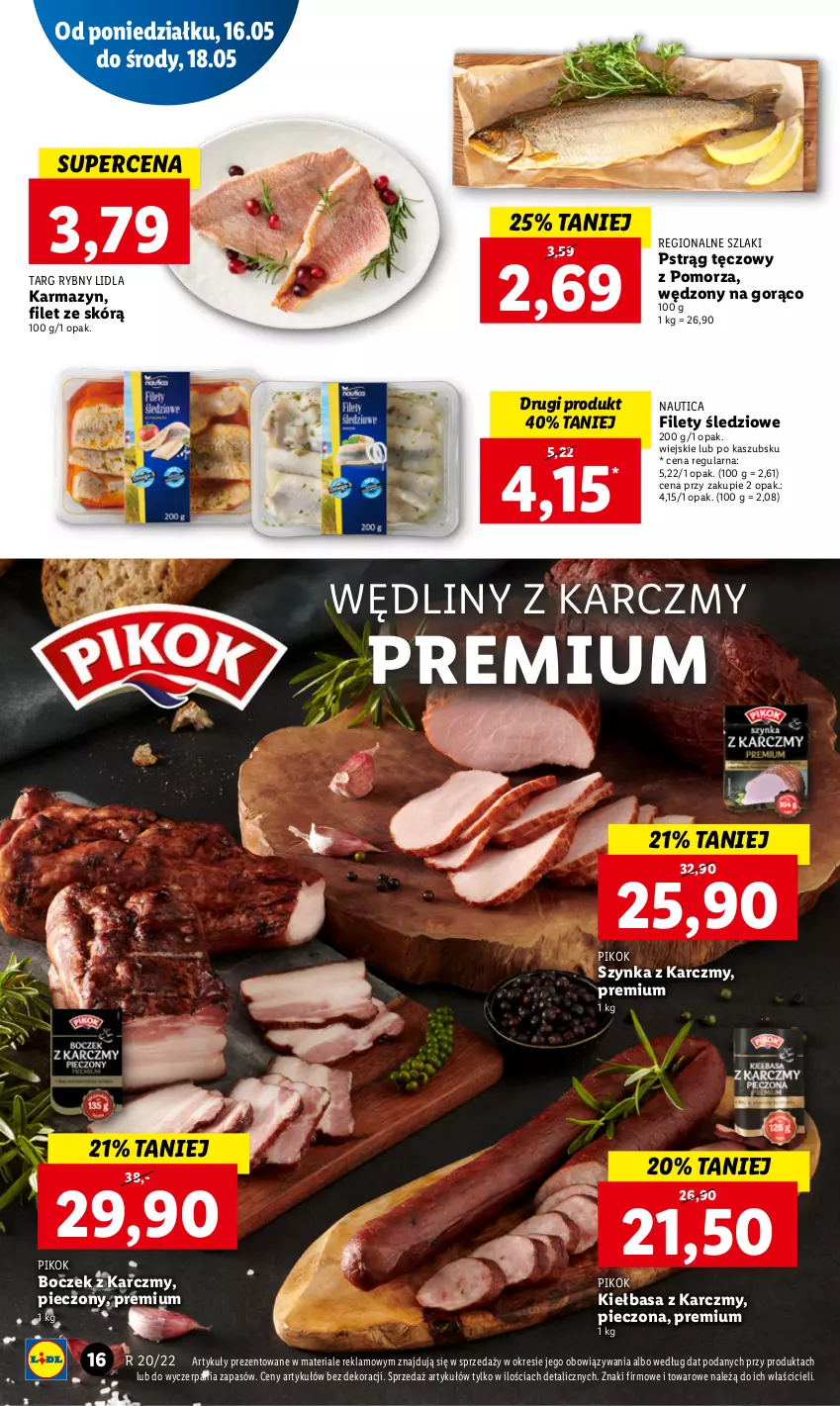 Gazetka promocyjna Lidl - GAZETKA - ważna 16.05 do 18.05.2022 - strona 16 - produkty: Boczek, Kiełbasa, Piec, PIKOK, Pstrąg, Pstrąg tęczowy, Szynka