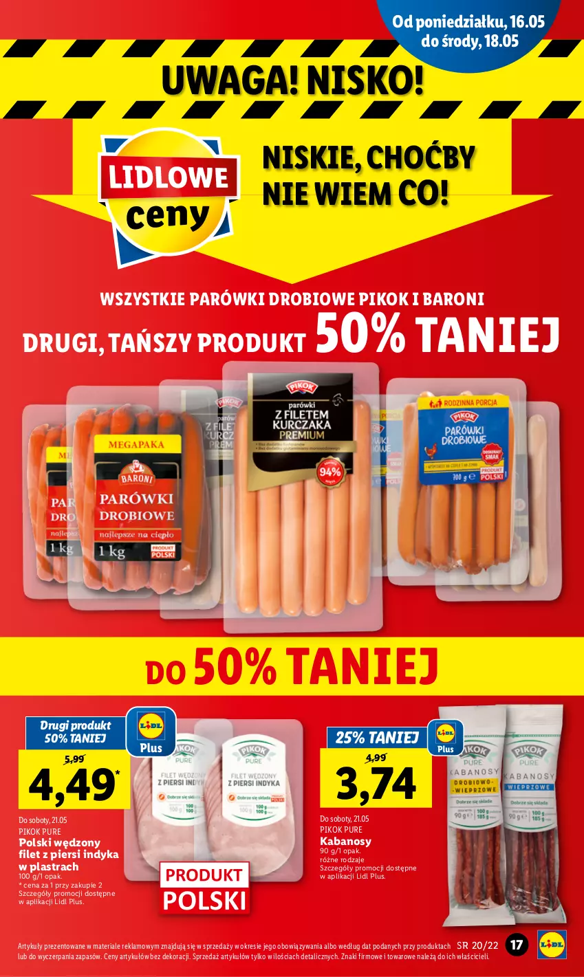 Gazetka promocyjna Lidl - GAZETKA - ważna 16.05 do 18.05.2022 - strona 17 - produkty: Filet z piersi indyka, Kabanos, Parówki, PIKOK, Pur, Waga