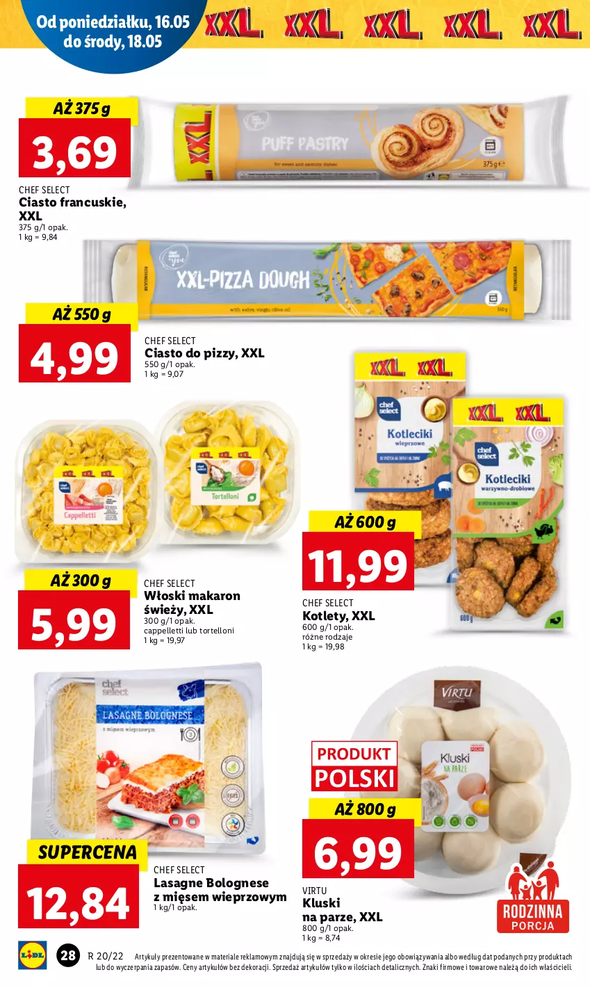 Gazetka promocyjna Lidl - GAZETKA - ważna 16.05 do 18.05.2022 - strona 28 - produkty: Ciasto francuskie, Kluski na parze, Kotlet, Lasagne, Lasagne bolognese, Makaron, Pellet, Tortelloni, Virtu