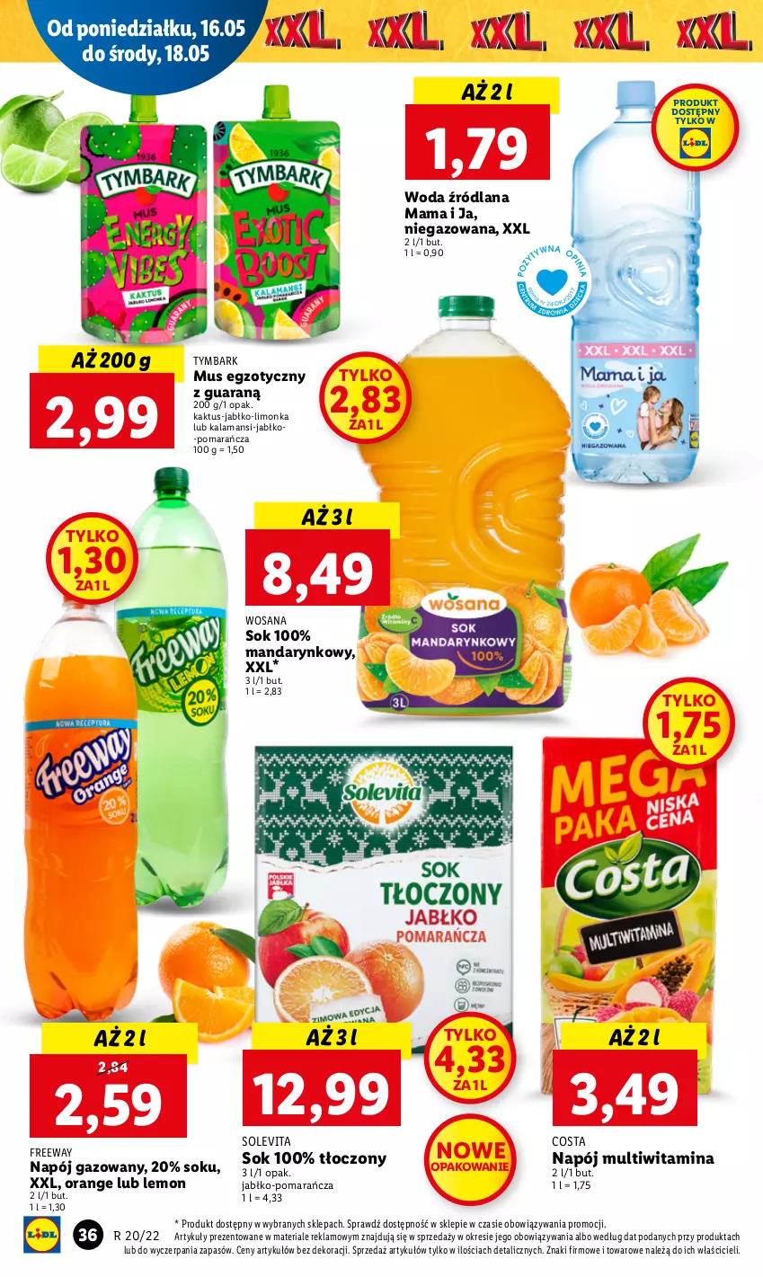 Gazetka promocyjna Lidl - GAZETKA - ważna 16.05 do 18.05.2022 - strona 36 - produkty: Kaktus, LANA, Limonka, Mus, Napój, Napój gazowany, Sok, Tymbark, Woda, Wosana