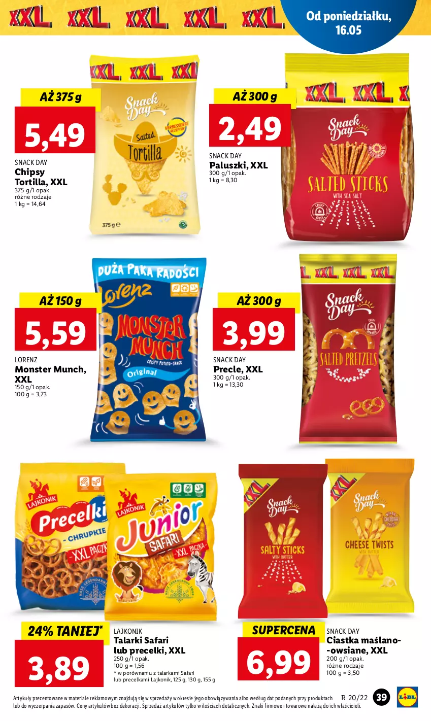 Gazetka promocyjna Lidl - GAZETKA - ważna 16.05 do 18.05.2022 - strona 39 - produkty: Chipsy, Ciastka, Fa, Lajkonik, Lorenz, Monster Munch, Por, Precelki, Precle, Tortilla