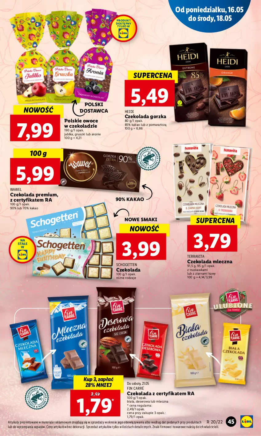 Gazetka promocyjna Lidl - GAZETKA - ważna 16.05 do 18.05.2022 - strona 45 - produkty: Czekolada, Czekolada gorzka, Czekolada mleczna, Deser, Gruszki, Jabłka, Kakao, Owoce, Schogetten, Ser, Vita C, Wawel