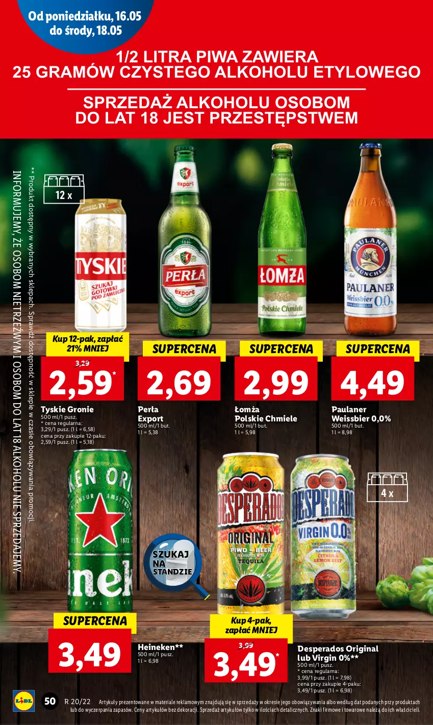 Gazetka promocyjna Lidl - GAZETKA - ważna 16.05 do 18.05.2022 - strona 50 - produkty: Desperados, Gin, Heineken, Perła, Por, Tyskie