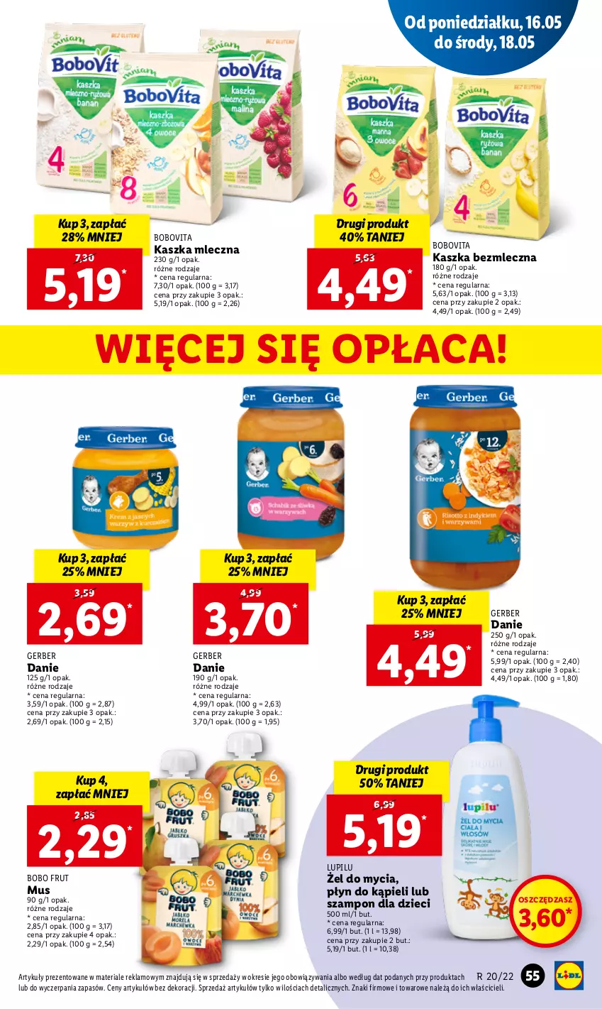 Gazetka promocyjna Lidl - GAZETKA - ważna 16.05 do 18.05.2022 - strona 55 - produkty: BoboVita, Dzieci, Gerber, Mus, Płyn do kąpieli, Szampon