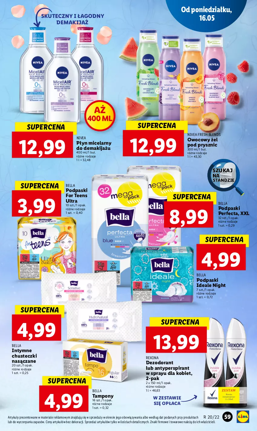 Gazetka promocyjna Lidl - GAZETKA - ważna 16.05 do 18.05.2022 - strona 59 - produkty: Antyperspirant, Bell, Bella, Chusteczki, Dezodorant, Makijaż, Nivea, Perfecta, Płyn micelarny, Podpaski, Rexona, Tampony