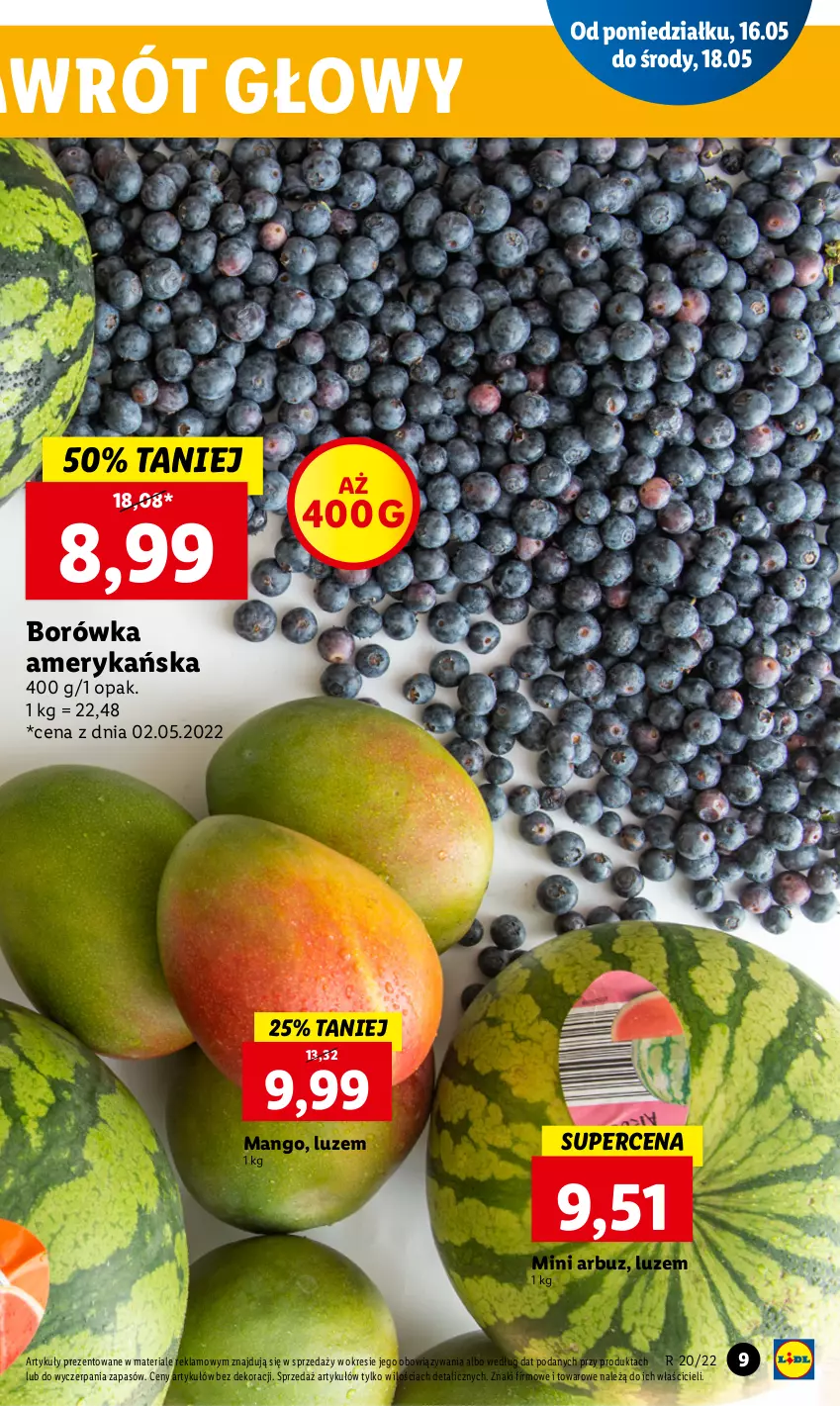 Gazetka promocyjna Lidl - GAZETKA - ważna 16.05 do 18.05.2022 - strona 9 - produkty: Arbuz, Borówka, Borówka amerykańska, Mango