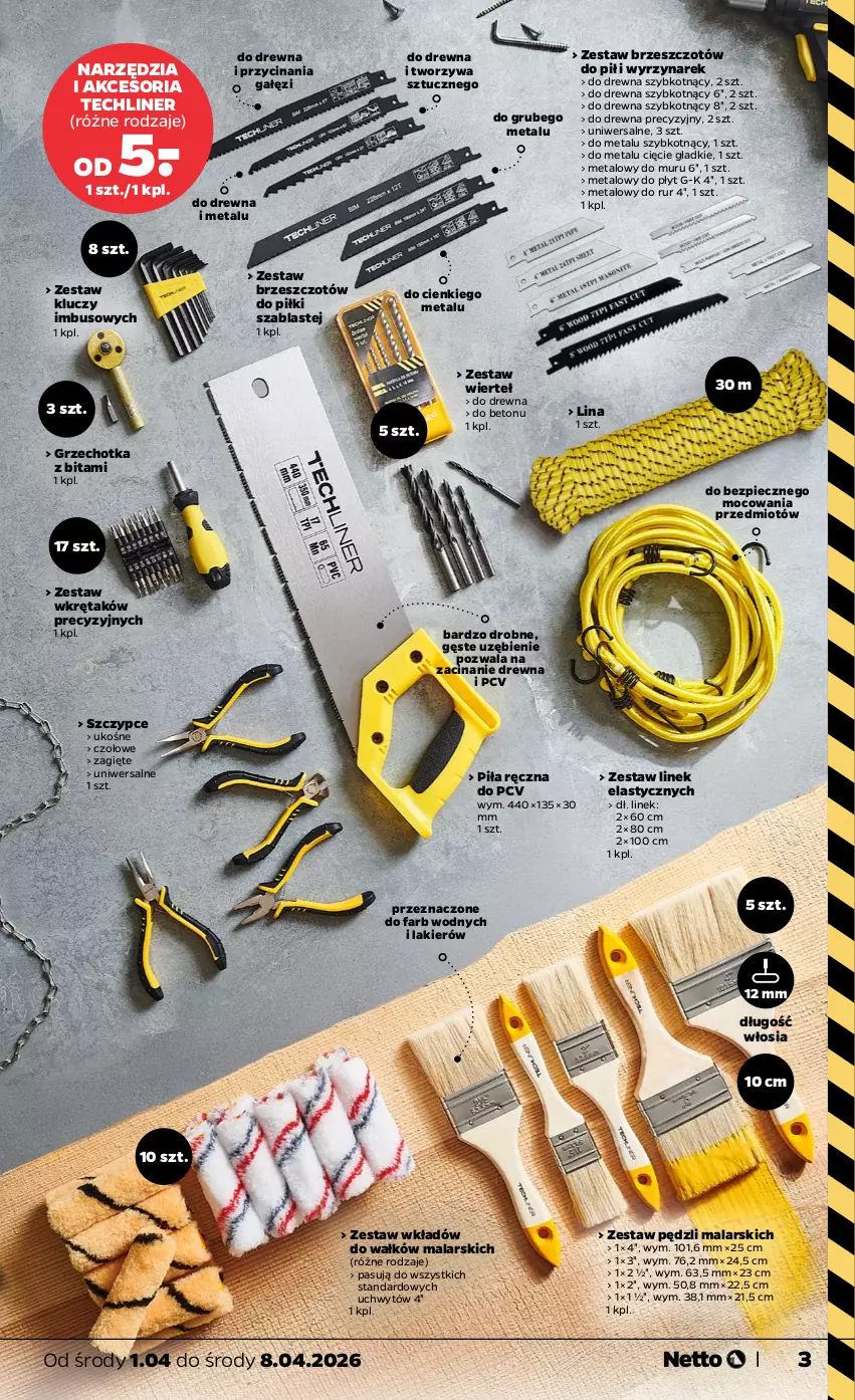 Gazetka promocyjna Netto - Od Środy - ważna 01.04 do 08.04.2026 - strona 4 - produkty: Fa, Lakier, Piec, Szczypce, Wkręt, Zestaw kluczy, Zestaw pędzli, Zestaw wierteł, Zestaw wkrętaków
