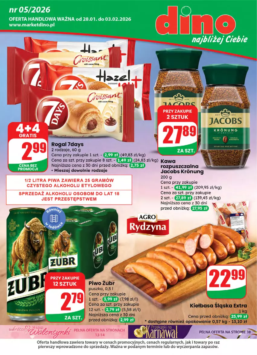 Gazetka promocyjna Dino - Gazetka 05 / 2026 - ważna 28.01 do 03.02.2026 - strona 1 - produkty: Croissant, Jacobs, JBL, Kawa, Kiełbasa, Piwo, Rogal