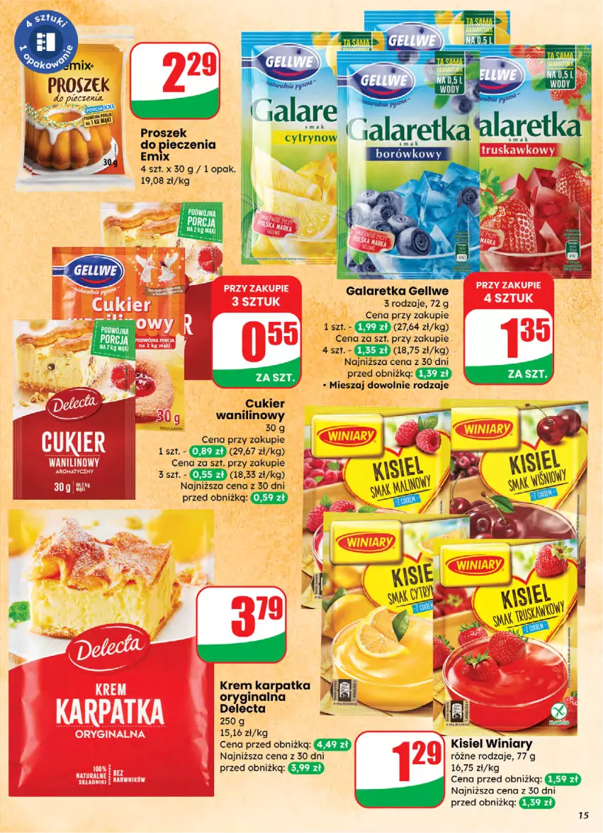 Gazetka promocyjna Dino - Gazetka 05 / 2026 - ważna 28.01 do 03.02.2026 - strona 15 - produkty: Cukier, Cukier wanilinowy, Delecta, Gala, Galaretka, Gin, Karp, Kisiel, Piec, Proszek do pieczenia, Winiary
