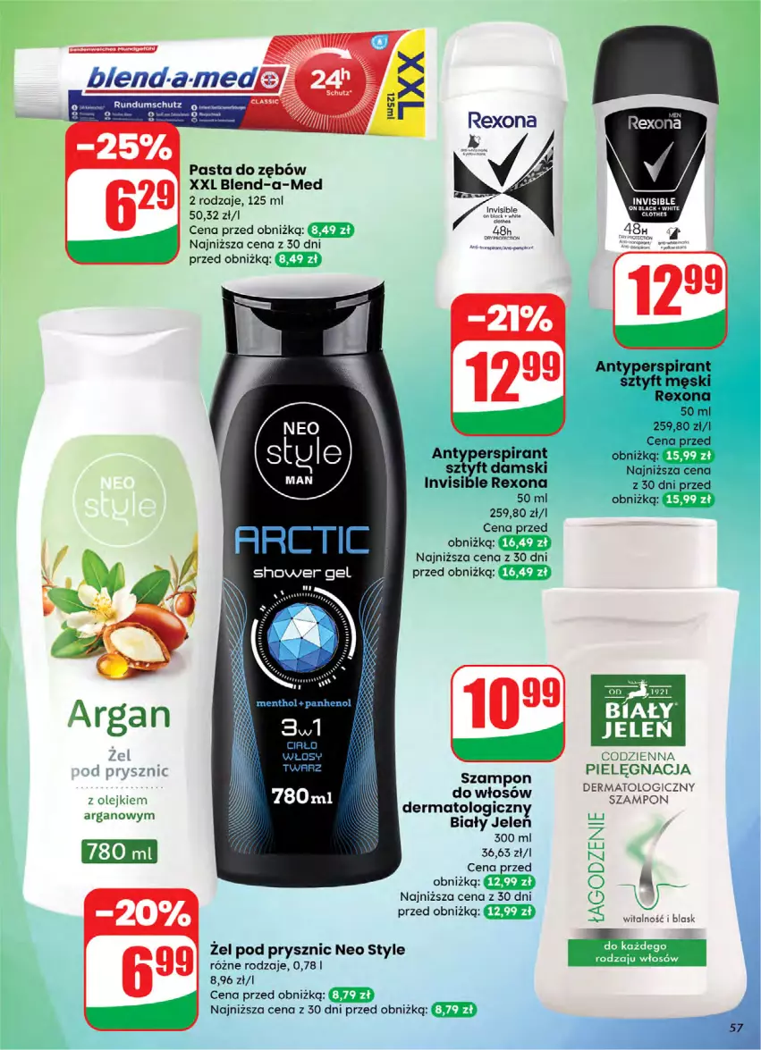 Gazetka promocyjna Dino - Gazetka 05 / 2026 - ważna 28.01 do 03.02.2026 - strona 57 - produkty: Antyperspirant, Biały Jeleń, Blend-a-Med, Olej, Pasta do zębów, Rexona, Szampon