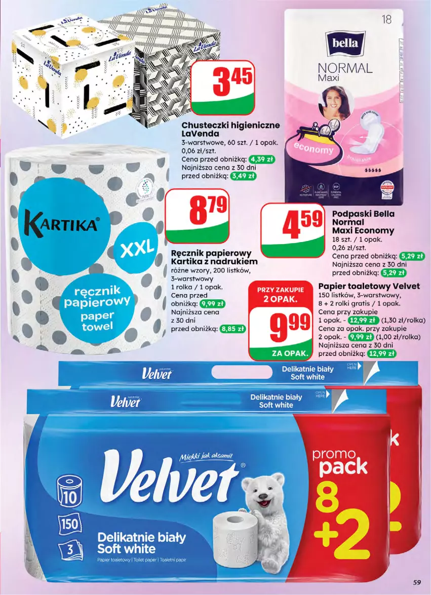 Gazetka promocyjna Dino - Gazetka 05 / 2026 - ważna 28.01 do 03.02.2026 - strona 59 - produkty: Bell, Bella, Chusteczki, Gra, Papier, Papier toaletowy, Podpaski, Ręcznik, Rolki, Velvet