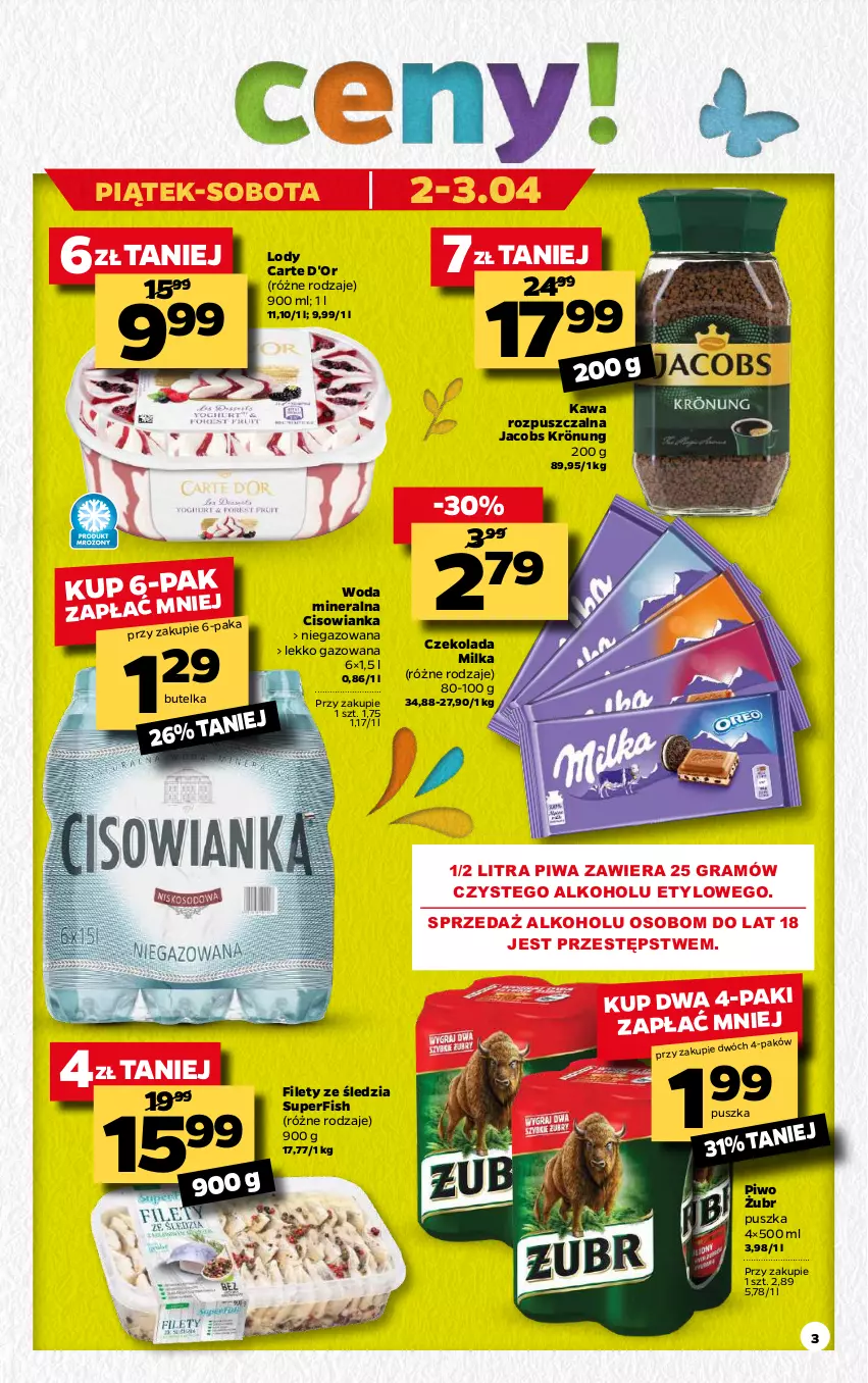 Gazetka promocyjna Netto - Gazetka spożywcza - ważna 29.03 do 03.04.2021 - strona 3 - produkty: Carte d'Or, Cisowianka, Czekolada, Gra, Jacobs, Jacobs Krönung, Kawa, Kawa rozpuszczalna, Lody, Milka, Piwa, Piwo, Woda, Woda mineralna