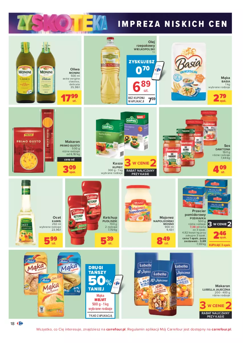 Gazetka promocyjna Carrefour - Gazetka Carrefour Zyskoteka - ważna 12.10 do 17.10.2021 - strona 18 - produkty: Basia, Bell, Bella, Dawtona, Gin, Kamis, Kasza, Ketchup, Kosz, Kupiec, Lubella, Majonez, Mąka, Makaron, Melvit, Monini, Ocet, Olej, Olej rzepakowy, Oleo, Piec, Podravka, Pudliszki, Sos