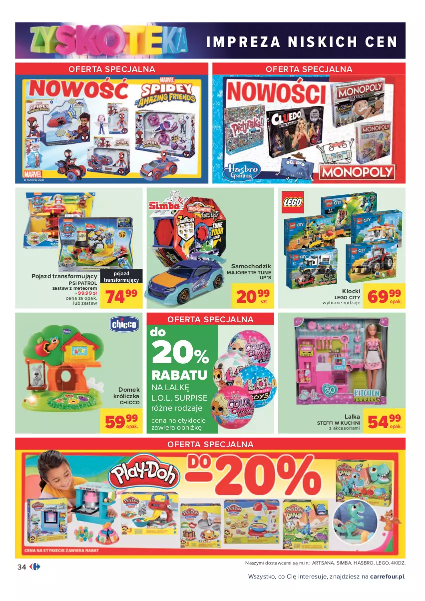 Gazetka promocyjna Carrefour - Gazetka Carrefour Zyskoteka - ważna 12.10 do 17.10.2021 - strona 34 - produkty: Chicco, Chodzik, Hasbro, Klocki, L.O.L., Lalka, LEGO, LEGO City, Pojazd, Psi Patrol, Tran