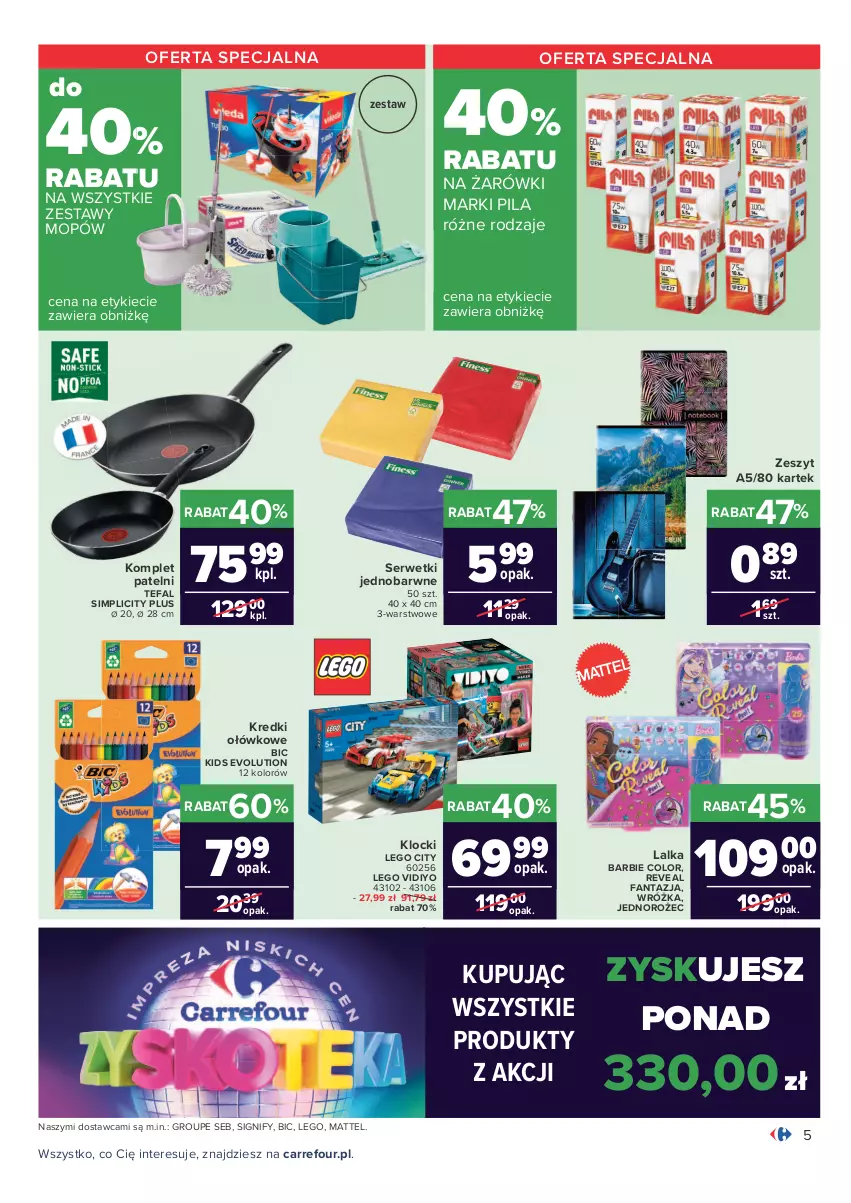 Gazetka promocyjna Carrefour - Gazetka Carrefour Zyskoteka - ważna 12.10 do 17.10.2021 - strona 5 - produkty: Barbie, BIC, Fa, Fanta, Jednorożec, Klocki, Lalka, LEGO, LEGO City, Mattel, Mop, Ser, Serwetki, Simplic, Tefal