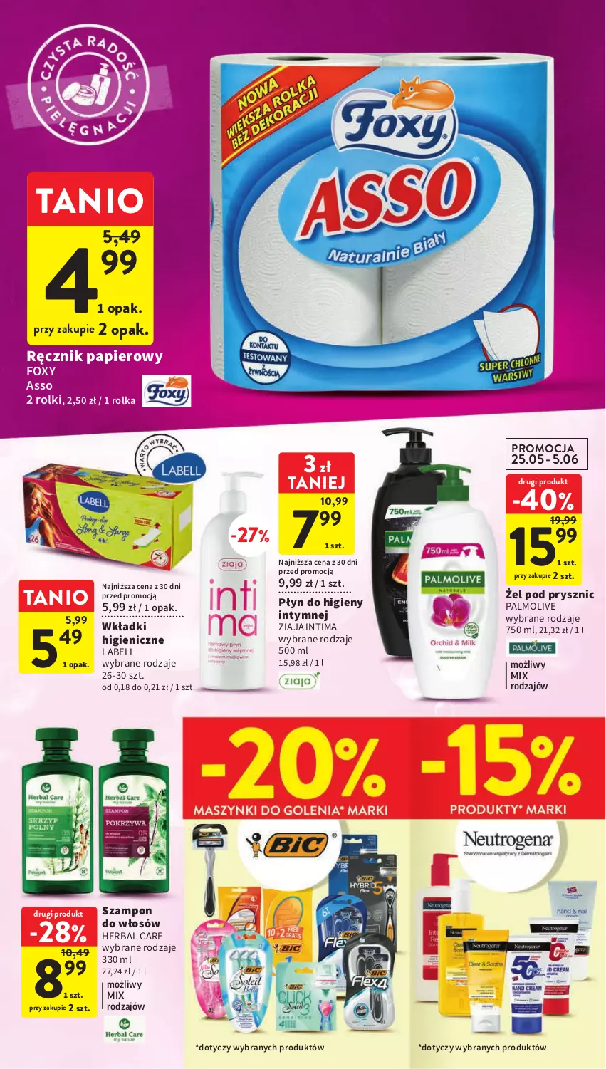 Gazetka promocyjna Intermarche - Gazetka Intermarche - ważna 25.05 do 31.05.2023 - strona 36 - produkty: Bell, Foxy, Palmolive, Papier, Płyn do higieny intymnej, Ręcznik, Rolki, Szampon, Wkładki, Ziaja