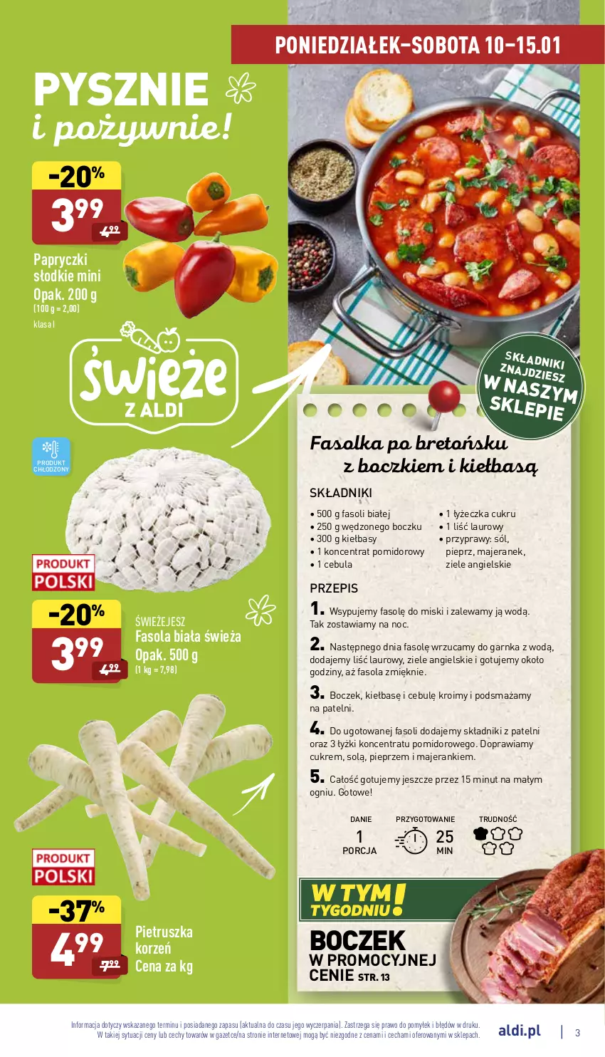 Gazetka promocyjna Aldi - Katalog spożywczy - ważna 10.01 do 15.01.2022 - strona 3 - produkty: Boczek, Cebula, Fa, Fasola, Koncentrat pomidorowy, Laur, Pieprz, Pietruszka, Por, Przyprawy, Sól, Ziele angielskie