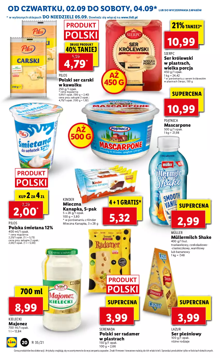 Gazetka promocyjna Lidl - GAZETKA - ważna 02.09 do 05.09.2021 - strona 20 - produkty: Cars, Gra, Kawa, Kinder, Królewski, Lazur, Majonez, Mascarpone, Mleczna kanapka, Müller, Müllermilch, Piątnica, Pilos, Por, Radamer, Ser, Ser pleśniowy