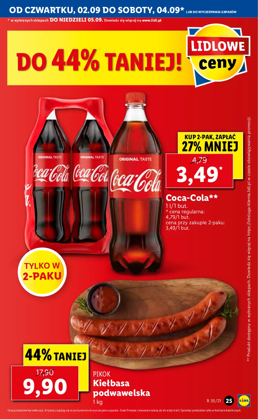 Gazetka promocyjna Lidl - GAZETKA - ważna 02.09 do 05.09.2021 - strona 25 - produkty: Coca-Cola, Kiełbasa, Kiełbasa podwawelska, PIKOK, Wawel