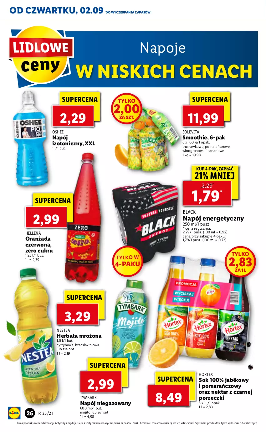 Gazetka promocyjna Lidl - GAZETKA - ważna 02.09 do 05.09.2021 - strona 26 - produkty: Hellena, Herbata, Hortex, Lack, Napój, Napój energetyczny, Napój izotoniczny, Napój niegazowany, Napoje, Nektar, Nestea, Oranżada, Oshee, Por, Smoothie, Sok, Tymbark, Wino