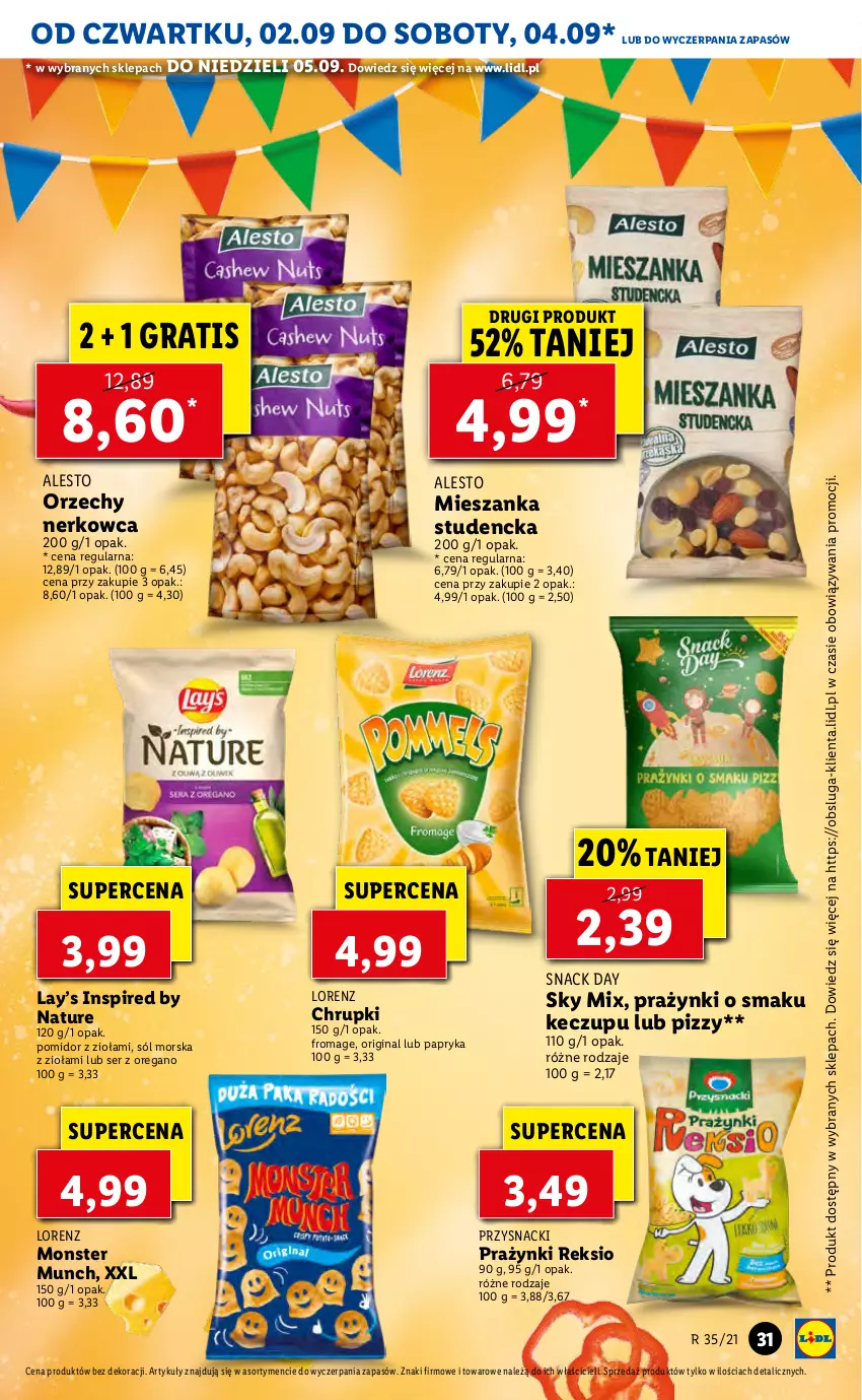 Gazetka promocyjna Lidl - GAZETKA - ważna 02.09 do 05.09.2021 - strona 31 - produkty: Chrupki, Gin, Gra, Lay’s, Lorenz, Mieszanka studencka, Monster Munch, Papryka, Przysnacki, Ser, Sól