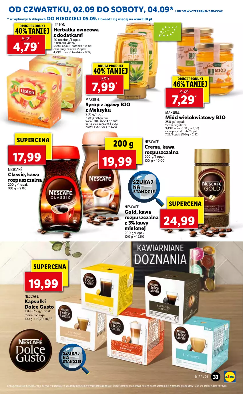 Gazetka promocyjna Lidl - GAZETKA - ważna 02.09 do 05.09.2021 - strona 33 - produkty: Dolce Gusto, Kawa, Kawa rozpuszczalna, Lipton, Miód, Nescafé, Syrop, Torebka