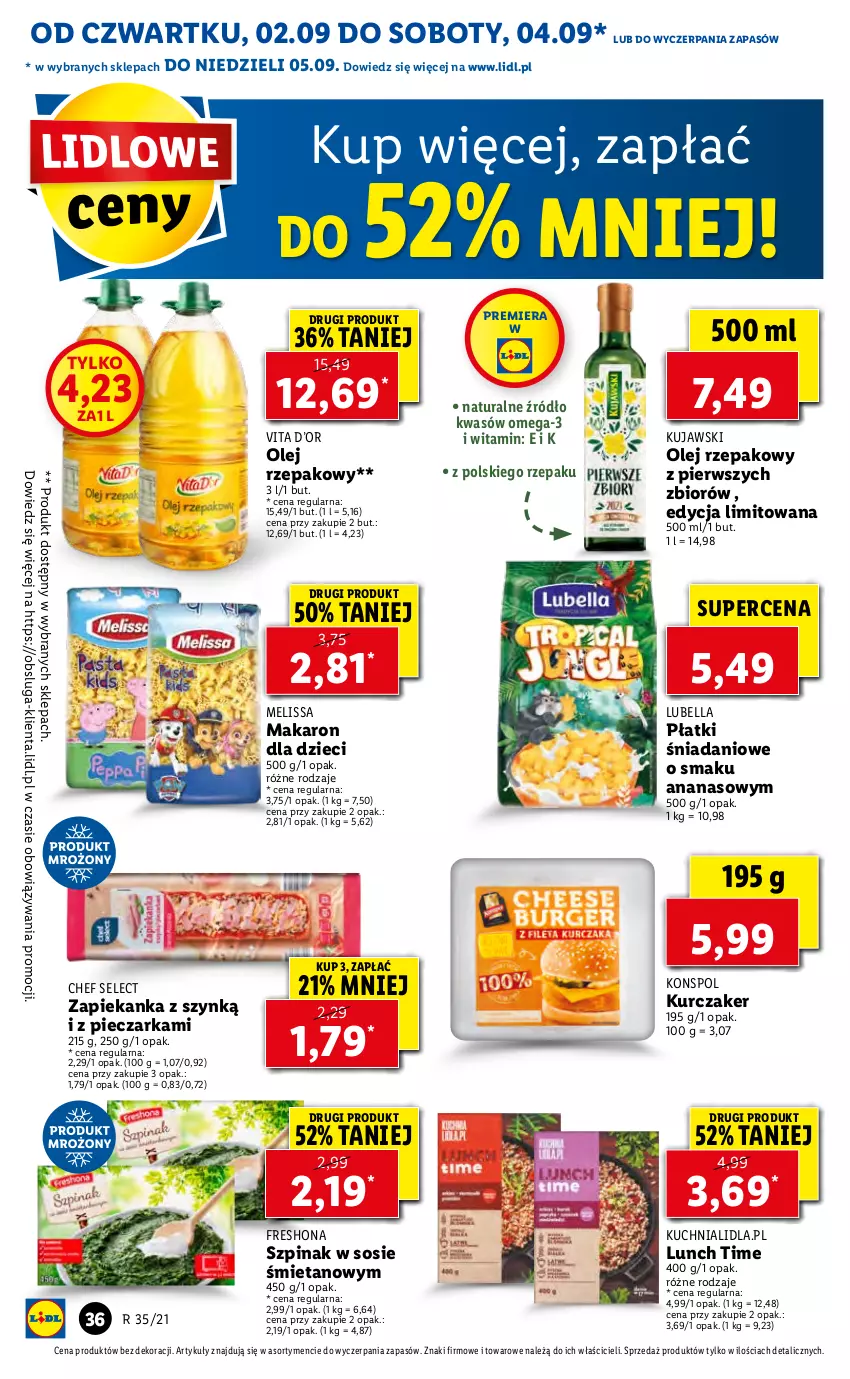 Gazetka promocyjna Lidl - GAZETKA - ważna 02.09 do 05.09.2021 - strona 36 - produkty: Ananas, Bell, Bella, Danio, Dzieci, Kuchnia, Kujawski, Kurczak, Lubella, Makaron, Olej, Olej rzepakowy, Omega-3, Piec, Pieczarka, Sos, Szpinak, Zapiekanka