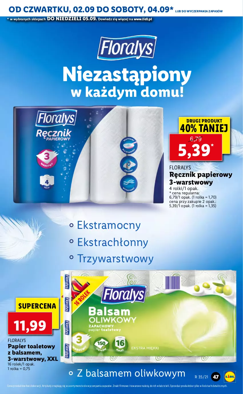 Gazetka promocyjna Lidl - GAZETKA - ważna 02.09 do 05.09.2021 - strona 47 - produkty: Flora, Papier, Papier toaletowy, Ręcznik, Rolki