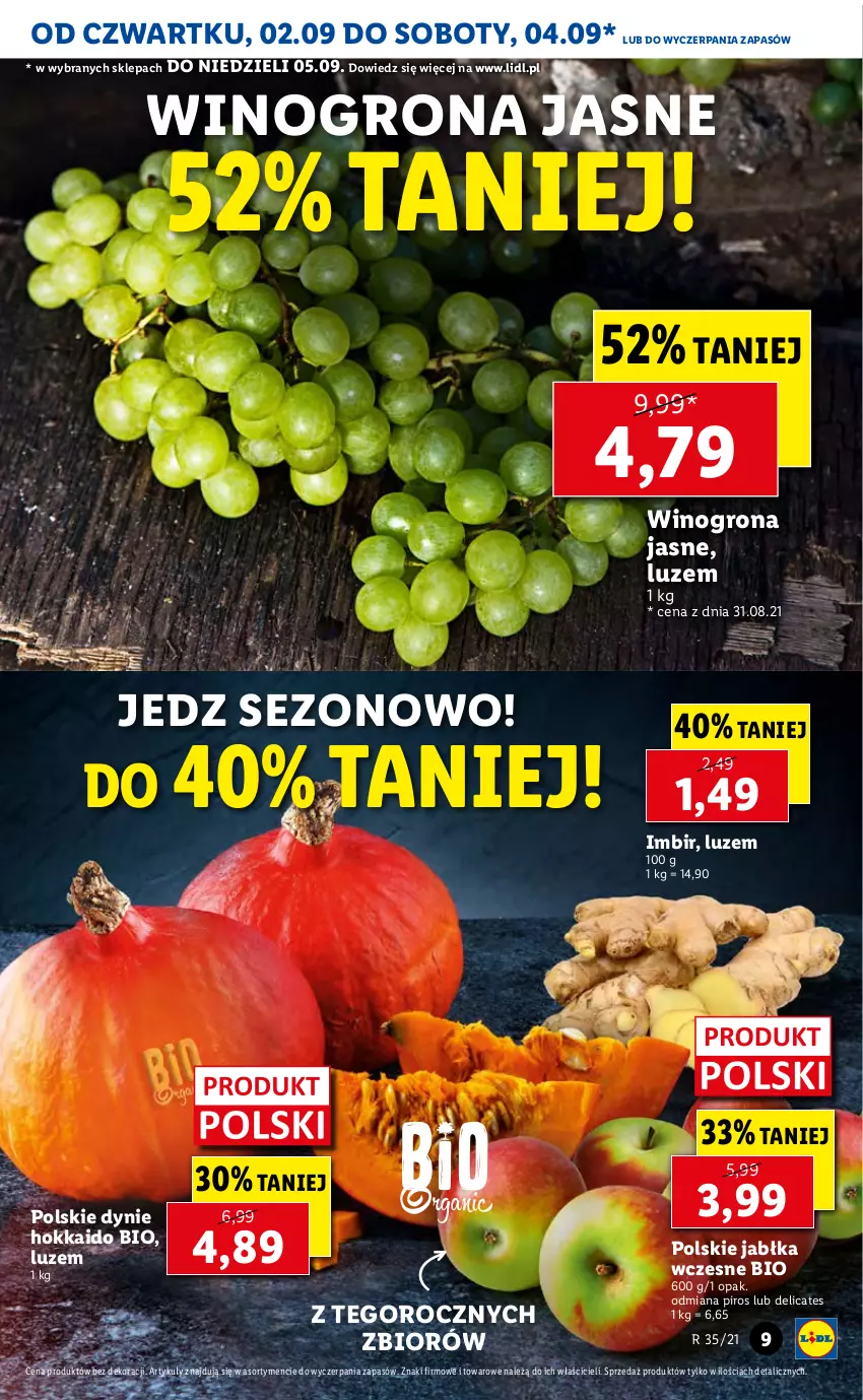Gazetka promocyjna Lidl - GAZETKA - ważna 02.09 do 05.09.2021 - strona 9 - produkty: Imbir, Jabłka, Wino, Winogrona