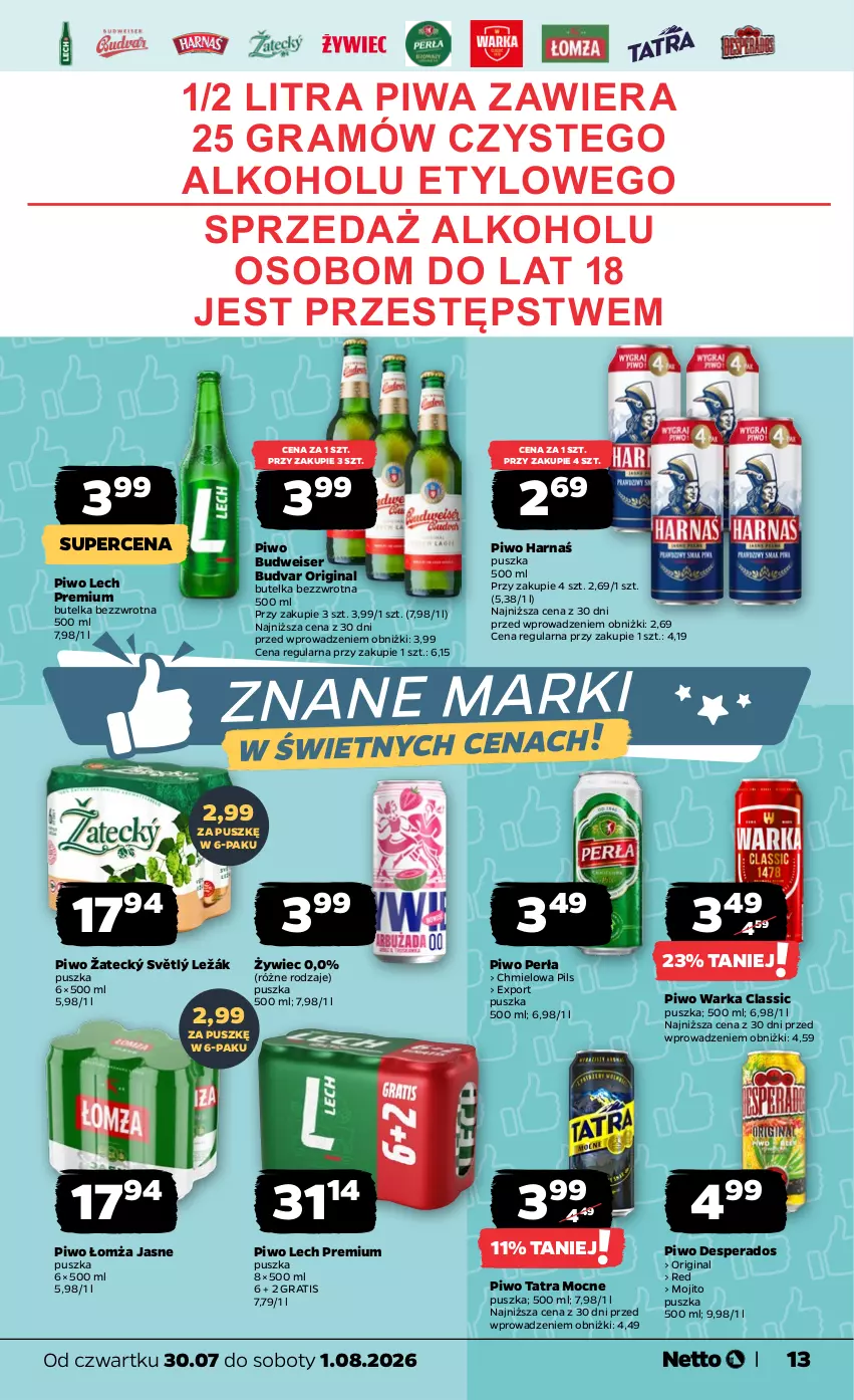 Gazetka promocyjna Netto - Od Czwartku - ważna 30.07 do 01.08.2026 - strona 13 - produkty: Desperados, Gin, Gra, Harnaś, Lech Premium, Perła, Piwa, Piwo, Por, Ser, Tatra, Warka