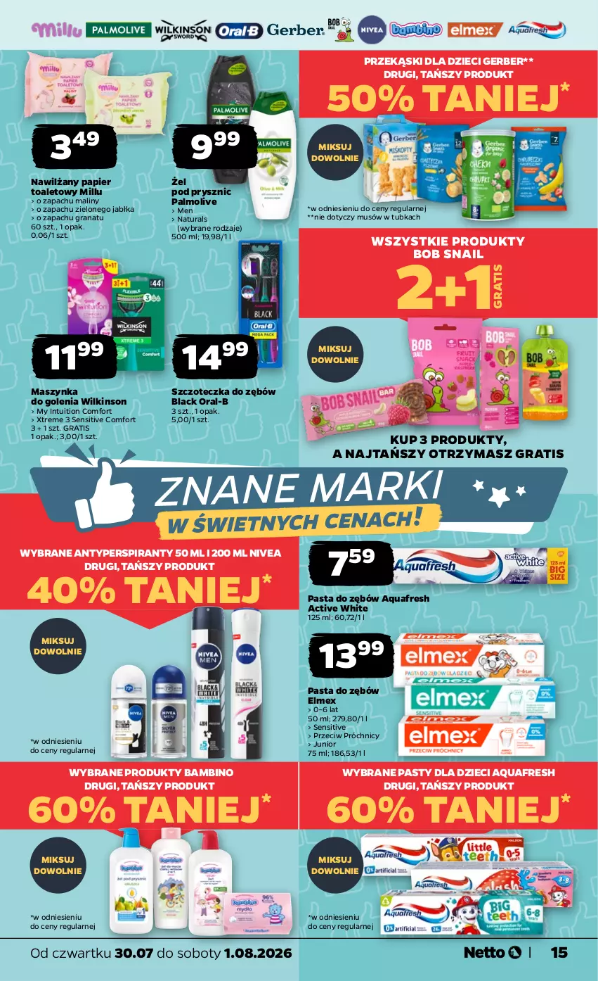 Gazetka promocyjna Netto - Od Czwartku - ważna 30.07 do 01.08.2026 - strona 15 - produkty: Antyperspirant, Aquafresh, Dzieci, Elmex, Gerber, Gra, Granat, Jabłka, Lack, Maliny, Maszynka, Maszynka do golenia, Mus, Nawilżany papier, Nivea, Palmolive, Papier, Papier toaletowy, Pasta do zębów, Szczoteczka, Szczoteczka do zębów, Szynka, Wagi