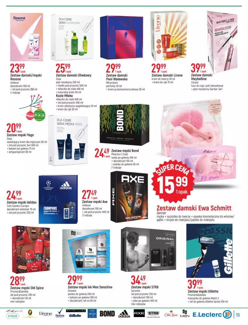 Gazetka promocyjna E Leclerc - ważna 22.11 do 03.12.2022 - strona 19 - produkty: Adidas, Antyperspirant, Balsam po goleniu, Bell, Dezodorant, Ewa Schmitt, Fa, Garnier, Gillette, Gin, Krem do rąk, Krem do twarzy, Krem przeciwzmarszczkowy, Lirene, Makijaż, Mars, Maszynka, Maszynka do golenia, Maybelline, Mleczko, Mleczko do ciała, Mleko, Mydło, Old Spice, Opaska, Perfum, Pianka do golenia, Płyn micelarny, Rexona, Sati, Ser, Stojak, Str8, Szczotka, Szynka, Tera, Tusz, Woda, Woda po goleniu, Ziaja