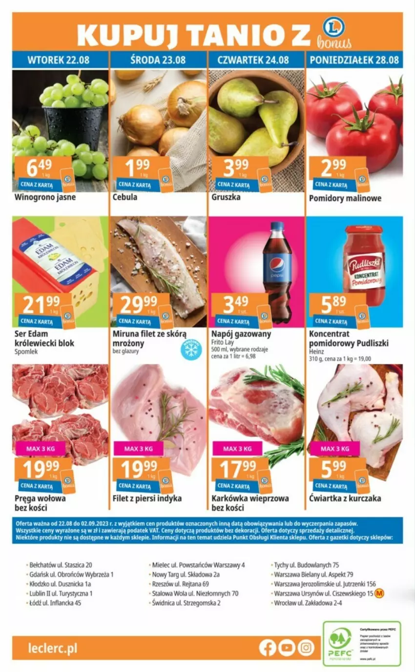 Gazetka promocyjna E Leclerc - ważna 22.08 do 02.09.2023 - strona 26 - produkty: Edam, Fa, Filet z piersi indyka, K2, Karkówka wieprzowa, Kurczak, Miruna, Napój, Napój gazowany, Pręga wołowa, Pudliszki, Ser