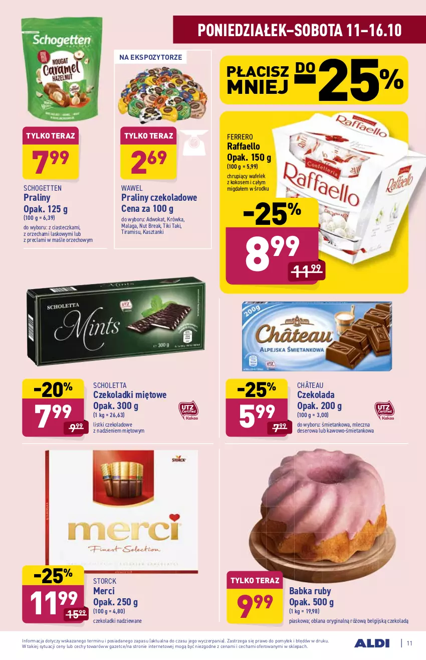 Gazetka promocyjna Aldi - Katalog spożywczy - ważna 11.10 do 16.10.2021 - strona 11 - produkty: Babka, Czekolada, Deser, Fa, Ferrero, Gin, Kokos, LANA, LG, Merci, Praliny, Raffaello, Schogetten, Ser, Tera, Wafelek, Wawel