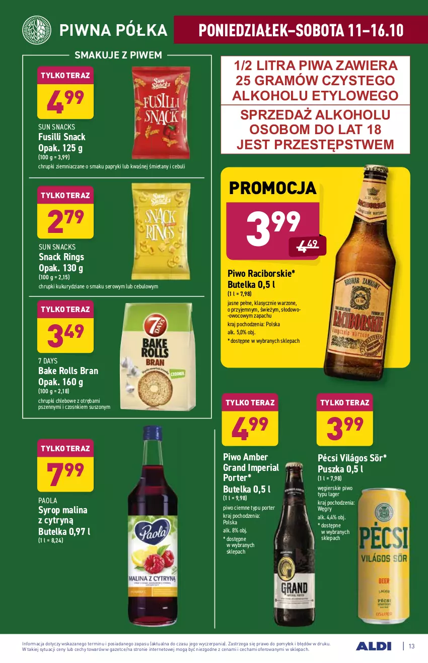 Gazetka promocyjna Aldi - Katalog spożywczy - ważna 11.10 do 16.10.2021 - strona 13 - produkty: 7 Days, Bake Rolls, Chleb, Chrupki, Chrupki chlebowe, Gra, Gry, Paola, Piwa, Piwo, Półka, Por, Ser, Syrop, Tera