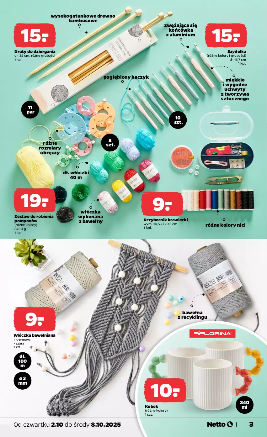Gazetka promocyjna Netto - Od Czwartku Przemysłowa - ważna 02.10 do 08.10.2025 - strona 3 - produkty: Haczyk, Kubek, Sok, Uchwyty, Wełna, Włóczka