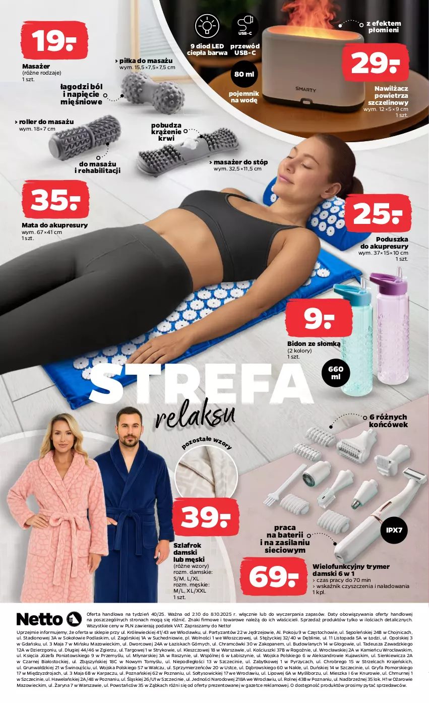 Gazetka promocyjna Netto - Od Czwartku Przemysłowa - ważna 02.10 do 08.10.2025 - strona 8 - produkty: Fa, Gry, Karp, Kujawski, Masażer, Nawilżacz powietrza, Podlaski, Poduszka, Pojemnik, Przewód, Roller, Silan, Sok, Stock, Szlafrok, Top, Wino