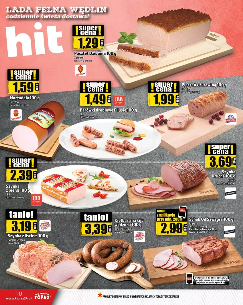 Gazetka promocyjna Topaz - Gazetka - ważna 23.05 do 29.05.2024 - strona 10 - produkty: Eleo, Kiełbasa, LG, Pasztet, Sok, Sokołów, Szynka, Top, UHU