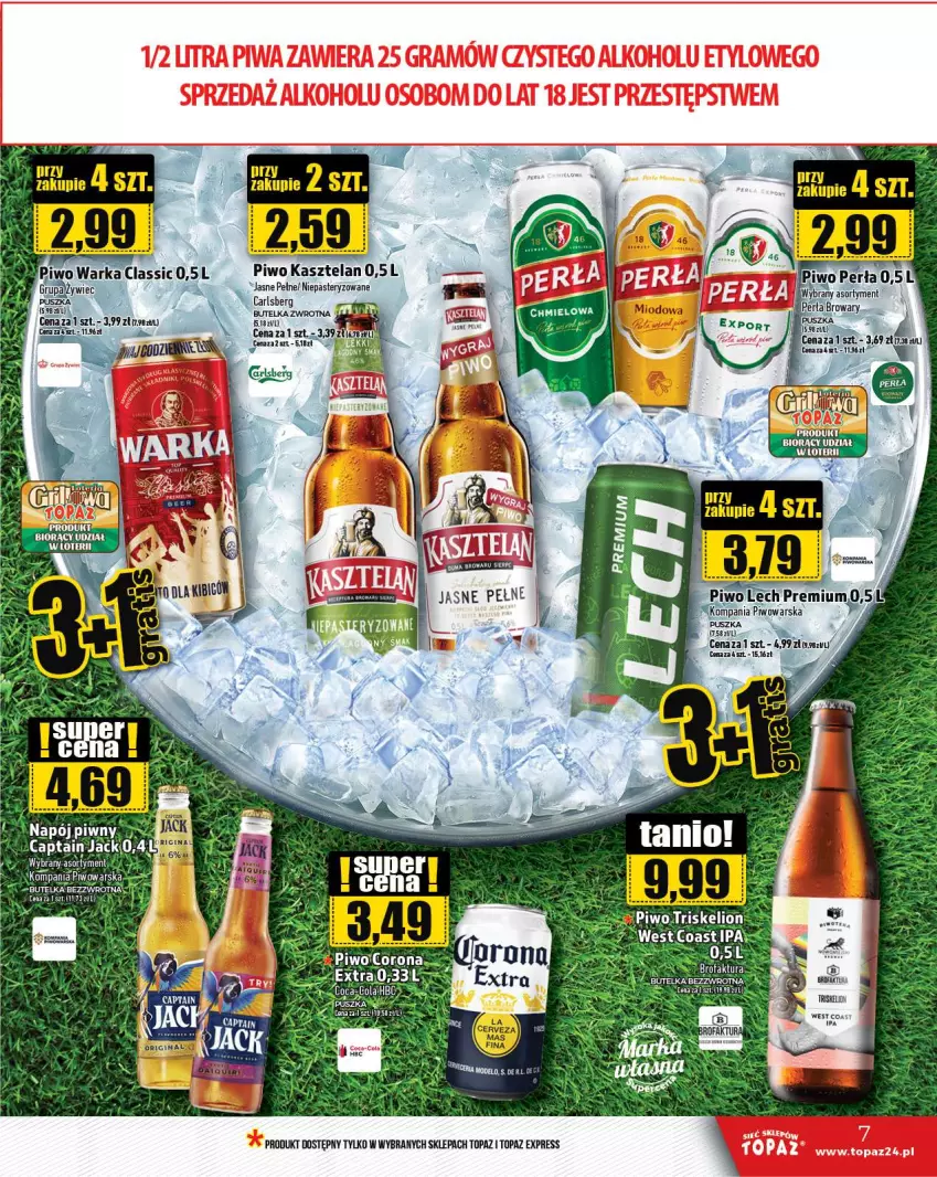 Gazetka promocyjna Topaz - Gazetka - ważna 23.05 do 29.05.2024 - strona 7 - produkty: Captain Jack, Carlsberg, Perła, Piwo, Top, Warka