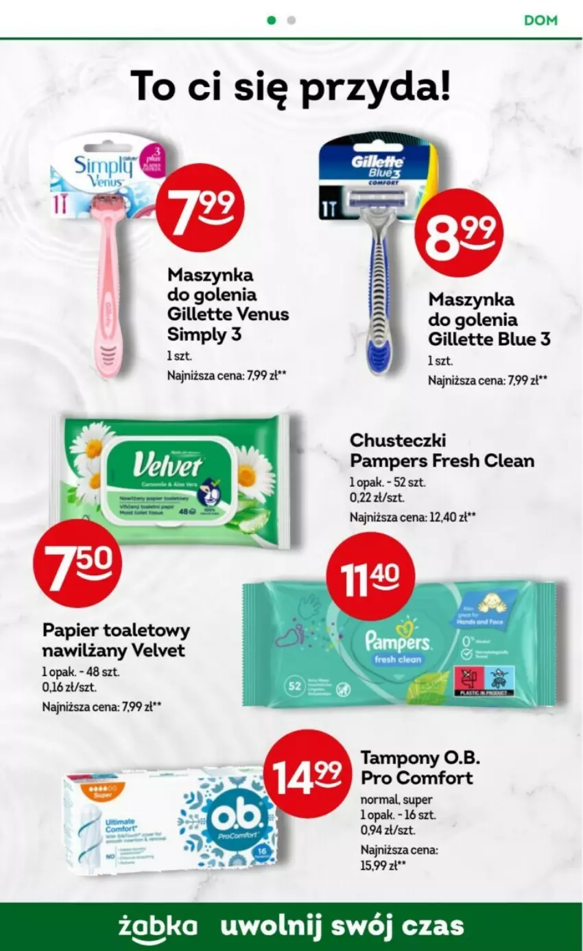 Gazetka promocyjna Żabka - ważna 17.01 do 30.01.2024 - strona 49 - produkty: Chusteczki, Gillette, Gillette Venus, Maszynka, O.B., Pampers, Papier, Papier toaletowy, Szynka, Tampony, Velvet, Venus