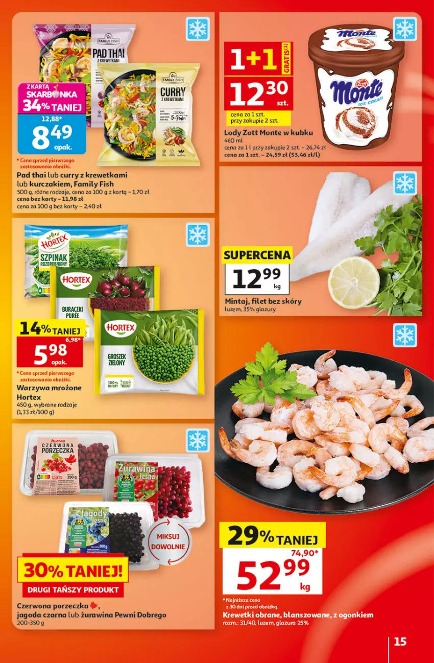 Gazetka promocyjna Auchan - 30 Lat Hipermarket - ważna 01.10 do 07.10.2026 - strona 15 - produkty: Fa, Glazura, Hortex, Krewetki, Kurczak, Lazur, Lody, Mintaj, Monte, Por, Warzywa, Zott