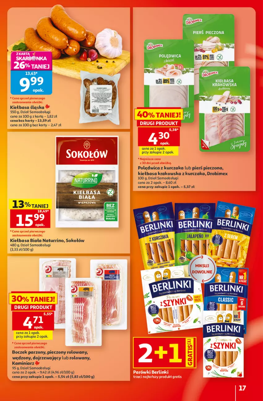 Gazetka promocyjna Auchan - 30 Lat Hipermarket - ważna 01.10 do 07.10.2026 - strona 17 - produkty: Berlinki, Boczek, Drobimex, Gry, Kiełbasa, Kiełbasa krakowska, Kiełbasa śląska, Kurczak, Parówki, Piec, Polędwica, Sok, Sokołów