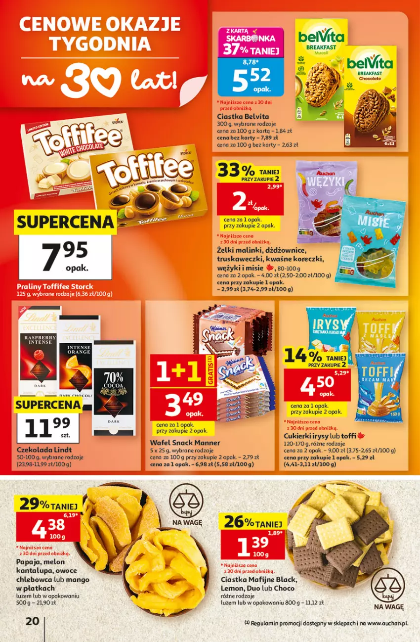 Gazetka promocyjna Auchan - 30 Lat Hipermarket - ważna 01.10 do 07.10.2026 - strona 20 - produkty: BelVita, Chleb, Ciastka, Cukier, Cukierki, Czekolada, Fa, Lack, Lindt, Mango, Melon, Owoce, Papaja