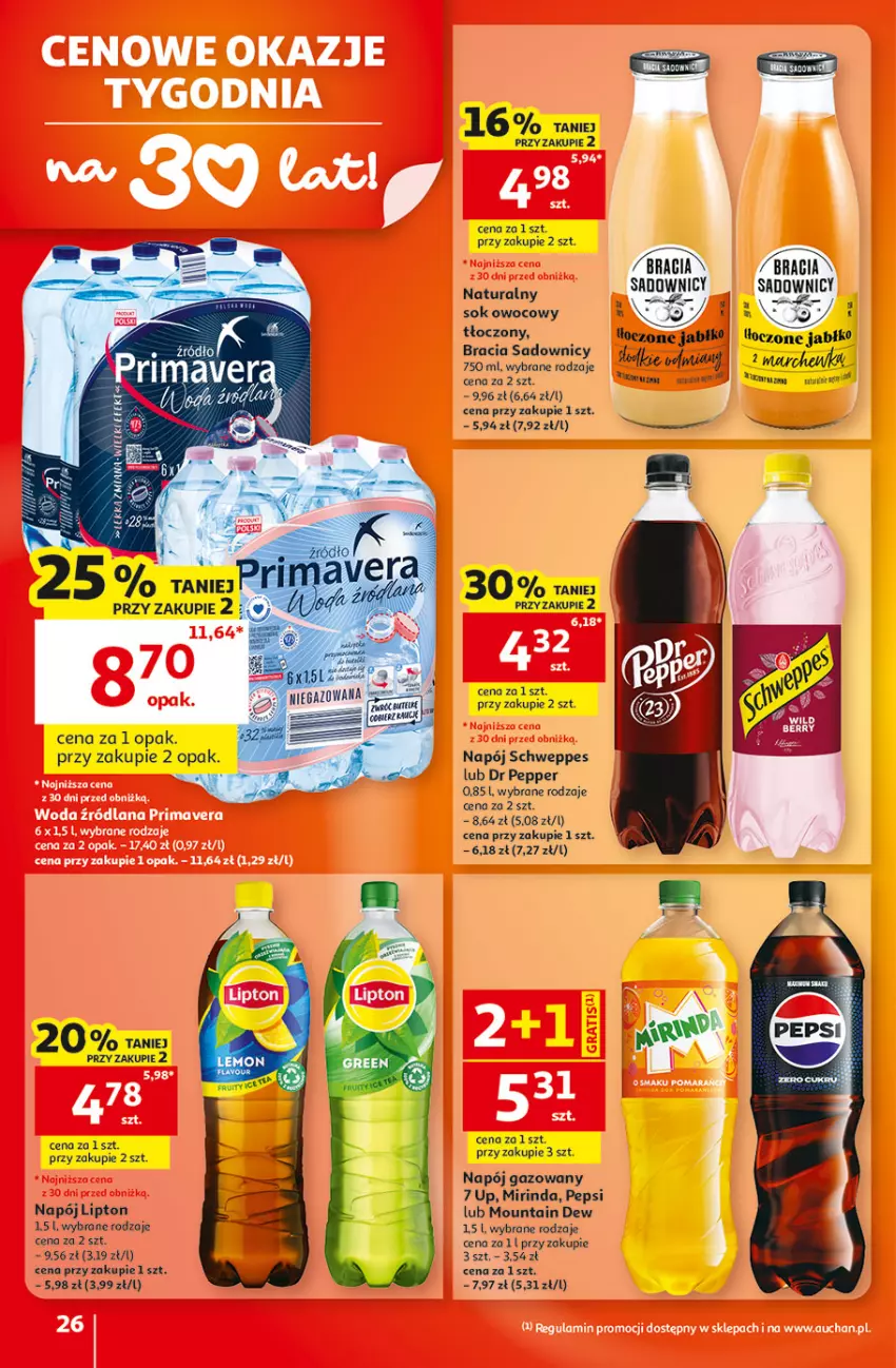 Gazetka promocyjna Auchan - 30 Lat Hipermarket - ważna 01.10 do 07.10.2026 - strona 26 - produkty: Fa, Lipton, Marchewka, Mirinda, Napój, Napój gazowany, Pepsi, Schweppes, Sok