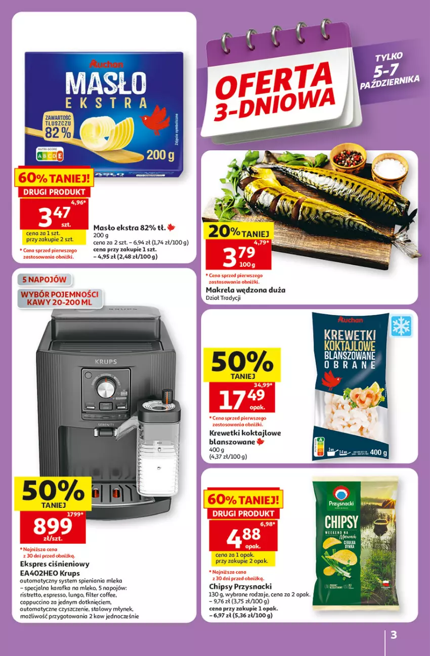 Gazetka promocyjna Auchan - 30 Lat Hipermarket - ważna 01.10 do 07.10.2026 - strona 3 - produkty: Cappuccino, Chipsy, Karafka, Krewetki, Krups, Masło, Mleko, Młynek, Przysnacki