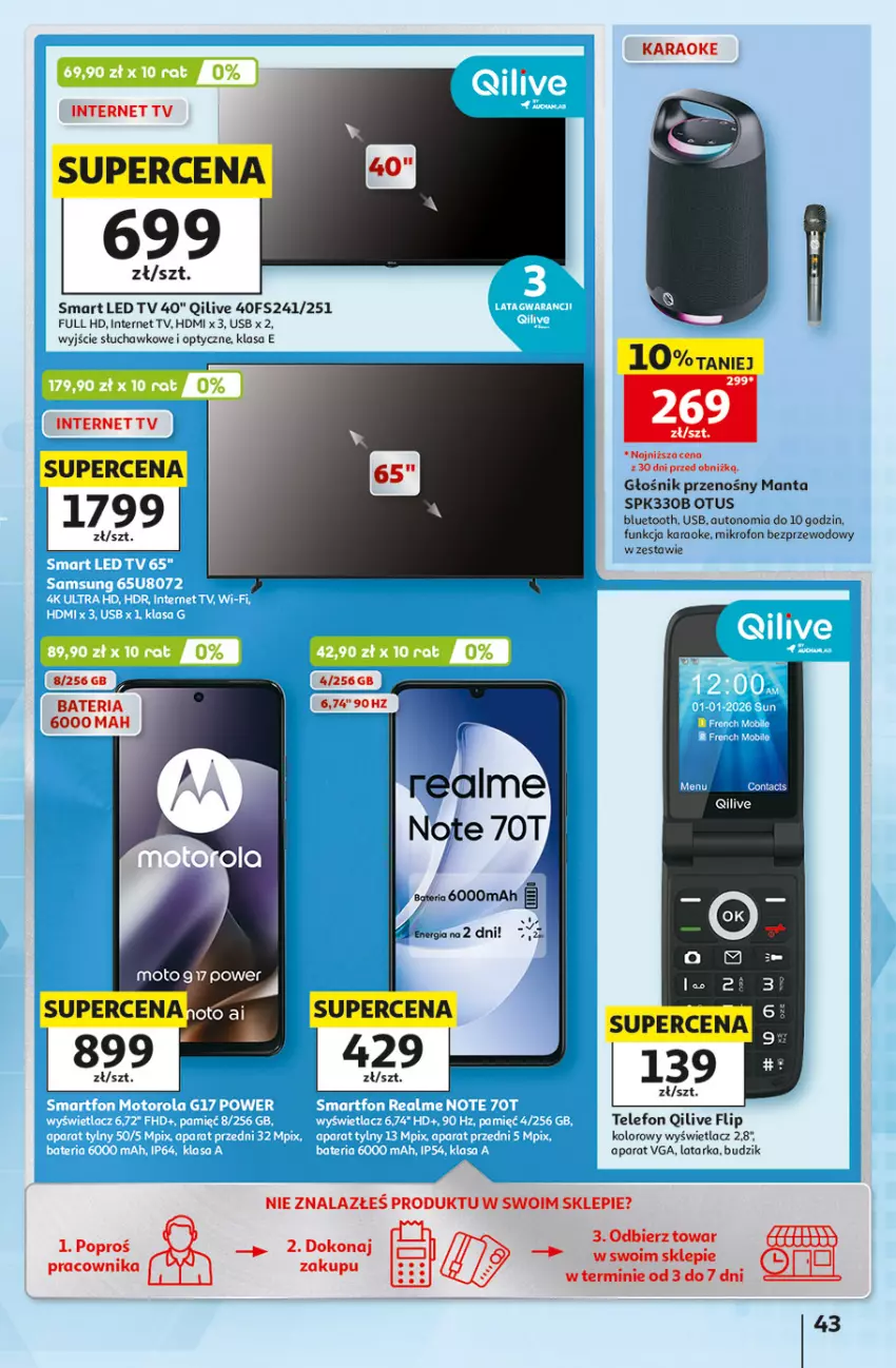 Gazetka promocyjna Auchan - 30 Lat Hipermarket - ważna 01.10 do 07.10.2026 - strona 43 - produkty: Bateria, Budzik, Głośnik, Latarka, LED TV, Manta, Mikrofon, Tarka, Telefon