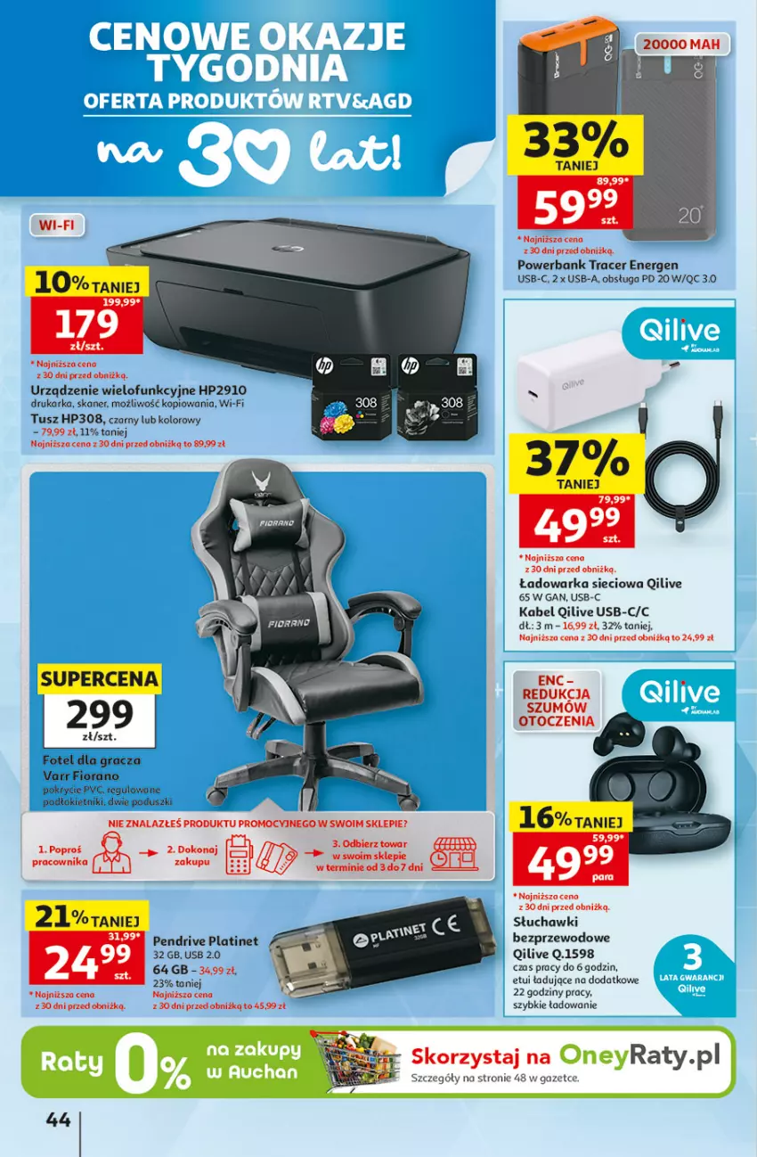 Gazetka promocyjna Auchan - 30 Lat Hipermarket - ważna 01.10 do 07.10.2026 - strona 44 - produkty: Acer, Drukarka, Fotel, Gra, HP, Pendrive, PLATINET, Powerbank, Skaner, Słuchawki, Słuchawki bezprzewodowe, Tusz, Urządzenie wielofunkcyjne, Warka